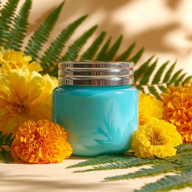 Turquoise Body Butter Jar with Flowers and Ferns