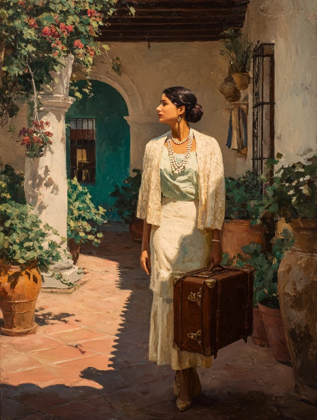 Hispanic Woman in Latin American Courtyard Oil Painting