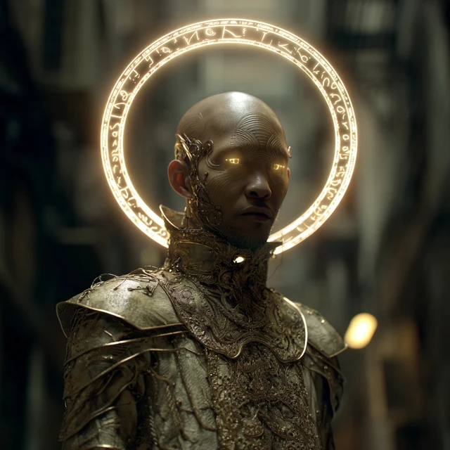 Bald Man with Halo in Gothic Street