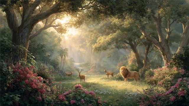 Paradise Scene Lush Greenery and Golden Sunlight
