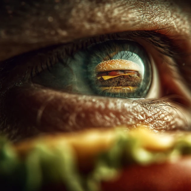 Burger Reflection in Mans Eyes Cinematic Shot
