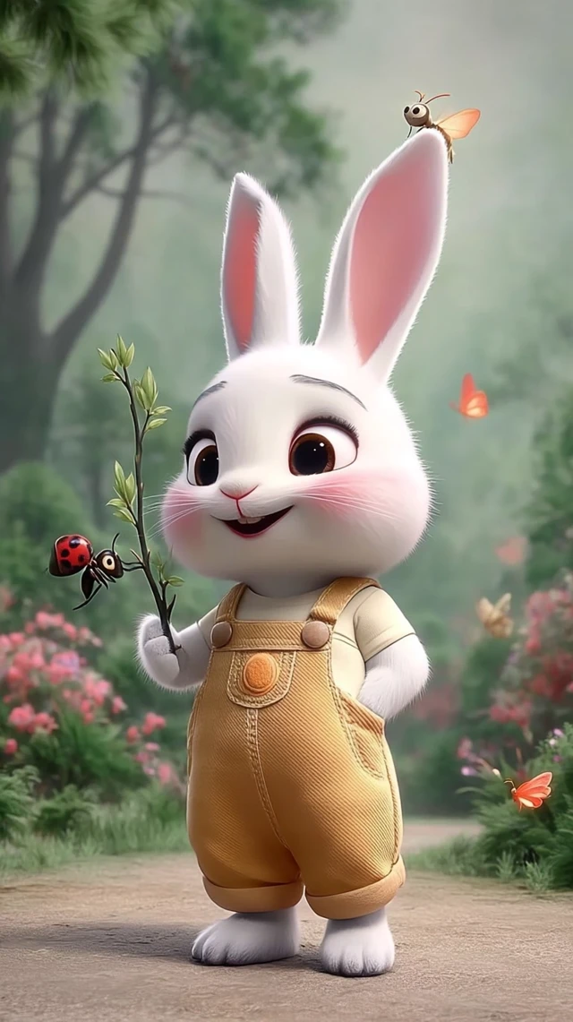 Cute Rabbit with Ant and Ladybug in a Fairy Tale World