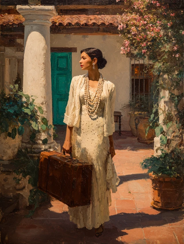 Hispanic Woman in Latin American Courtyard Oil Painting