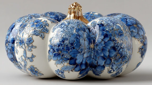 Porcelain Pumpkin Blue Chinese Motif Studio Photography