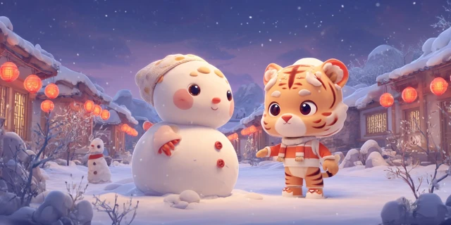Cute Tiger and Snowman in Winter Wonderland 3D Cartoon