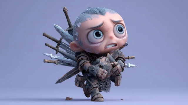 3D Chibi Warrior Running Anxious Character Illustration