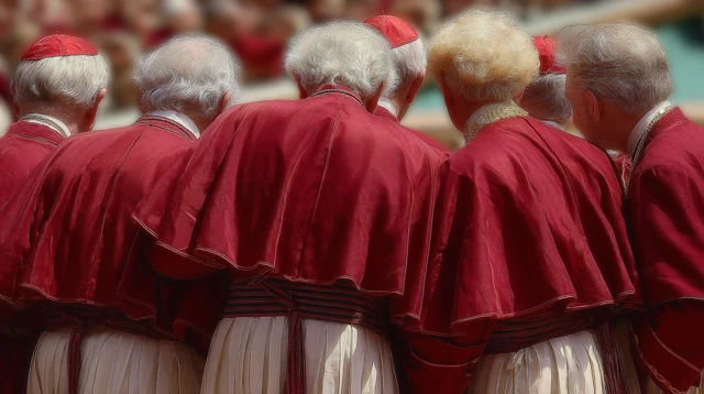 Cardinals in Red Robes Facing Young Men Back View
