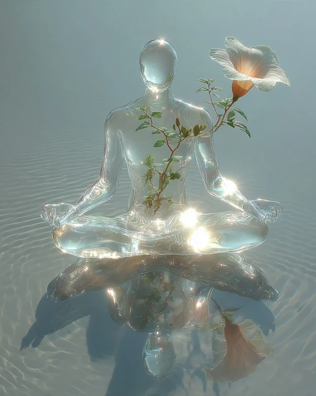 Meditative Figure Blooming Flower Serene Reflection