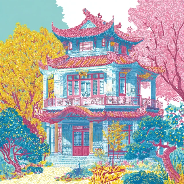 Chinese Palace Illustration in Pastel Colors