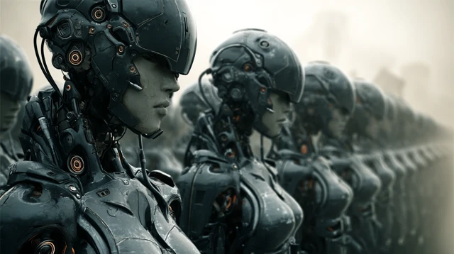 Futuristic Android Army Threatening Humans