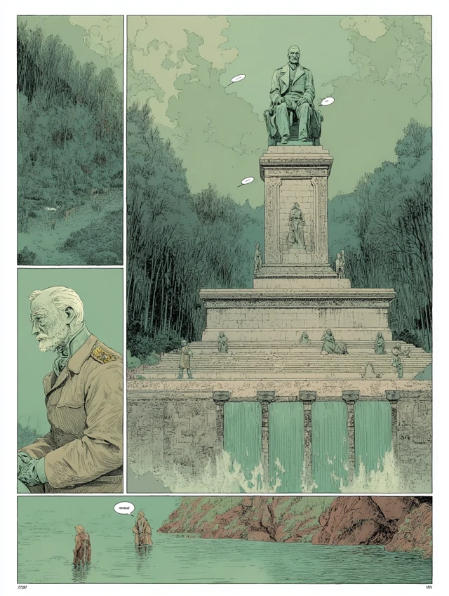 Comic Page Antique Statue in Ancient Forest