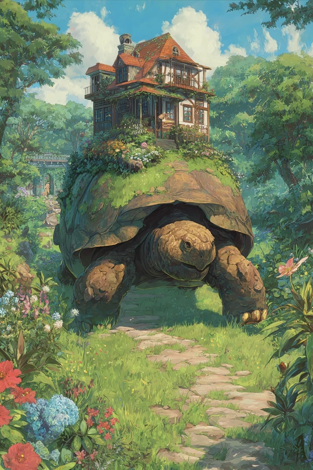 Giant Tortoise House Walking Through Forest Anime