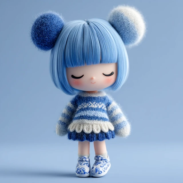 Cute Doll 3D Rendering Blue Hair and Porcelain Pattern
