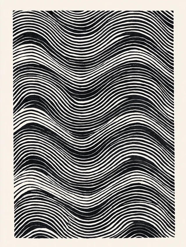 Black and White Wavy Line Art Linocut Print