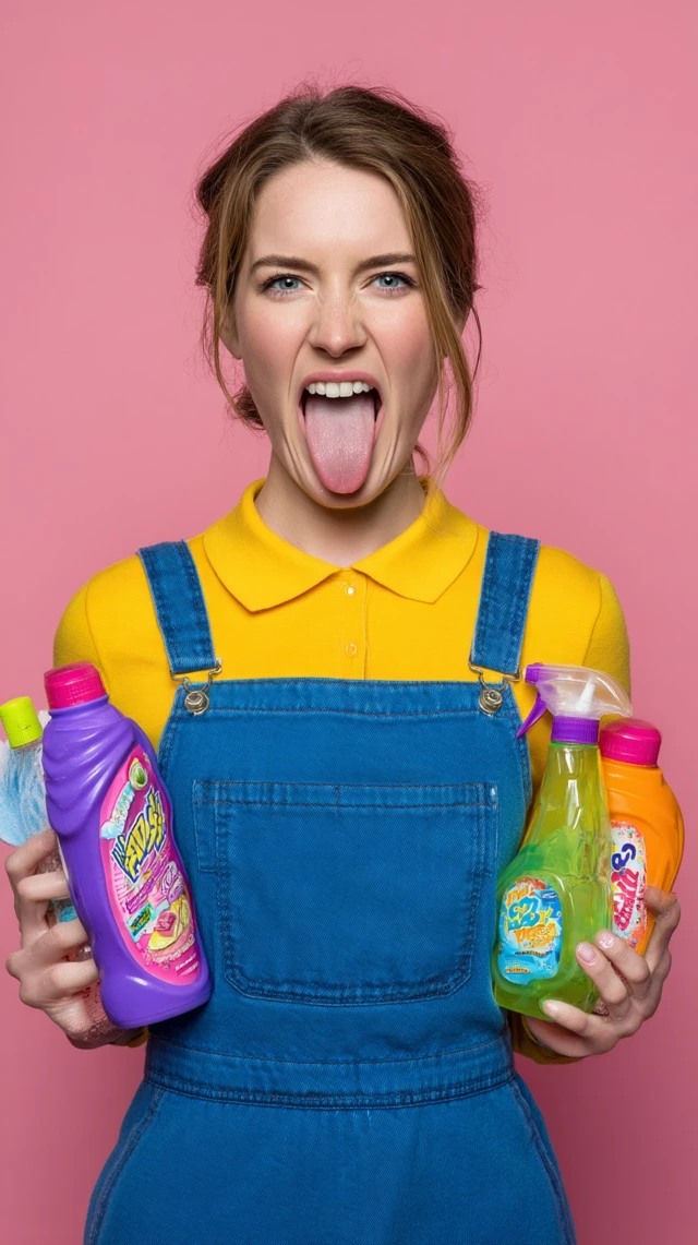 Woman Making Funny Face Holding Cleaning Products