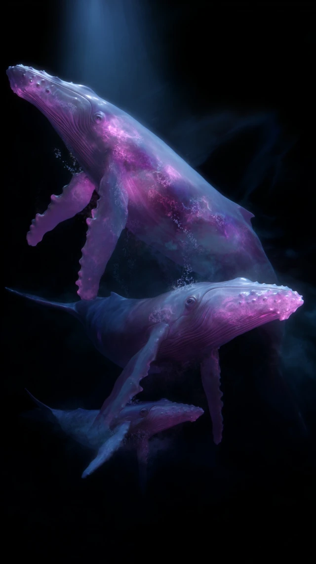 Whales Swimming Underwater Black Background
