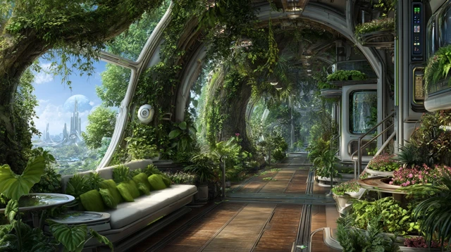 Futuristic Greenhouse Interior: Lush Plants and Sci-Fi Design