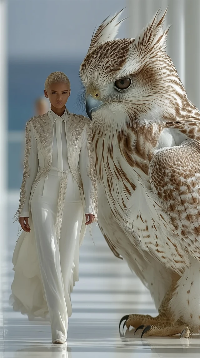 Fashion Model and Falcon on Runway Ultra Realistic