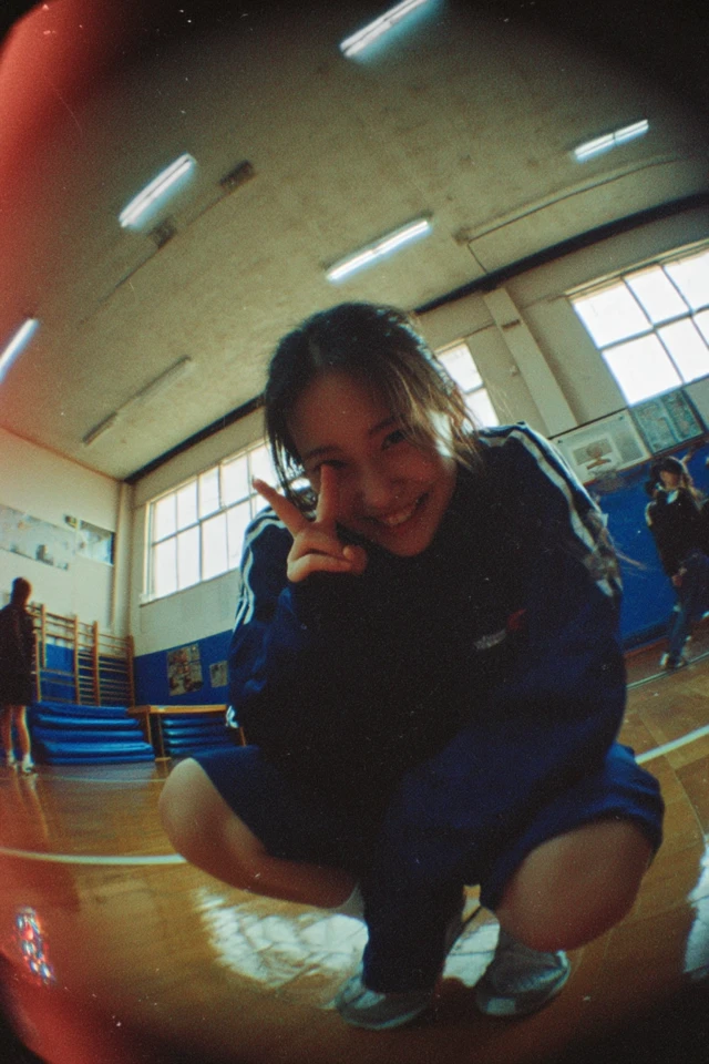 Japanese Girl Retro Photo Smiling Peace Sign