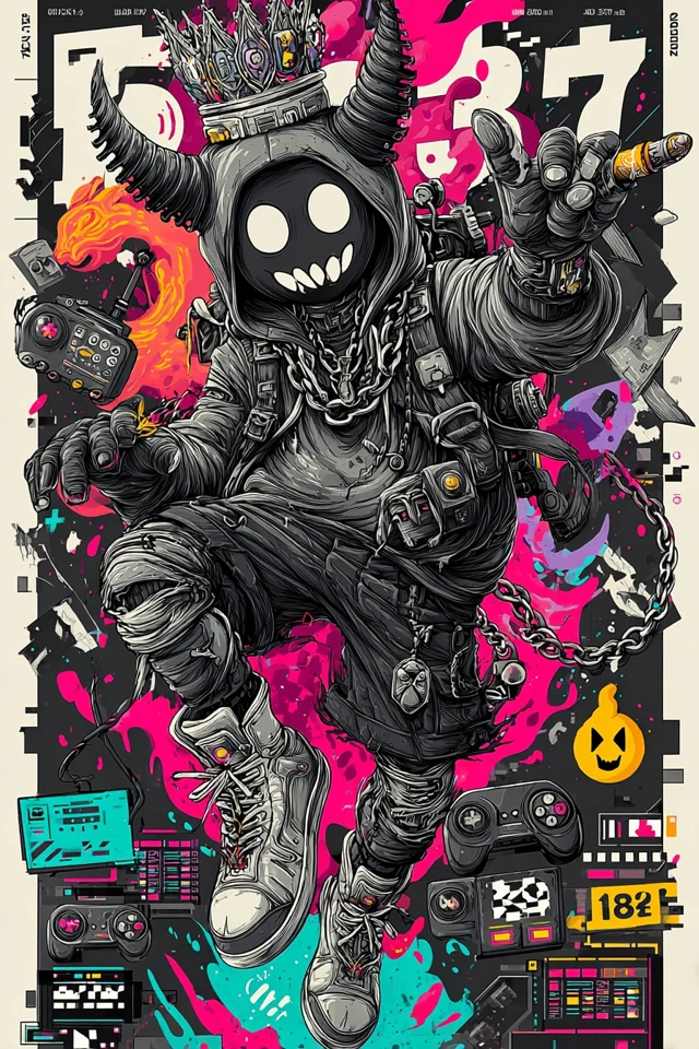 Glitch Street Art of Labubu Toy in Karate Pose