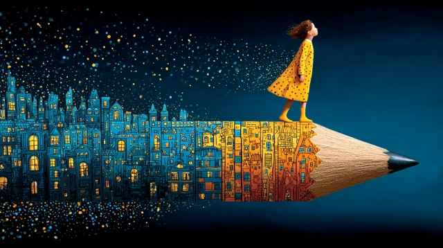 Child on Pencil Flying Over Fantasy City
