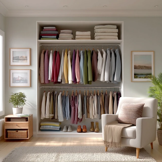 Cozy Bedroom Wardrobe with Clothes and Soft Lighting
