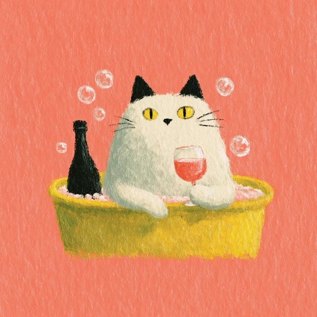 Fat Cat Drinking Wine in a Bathtub Surreal Illustration