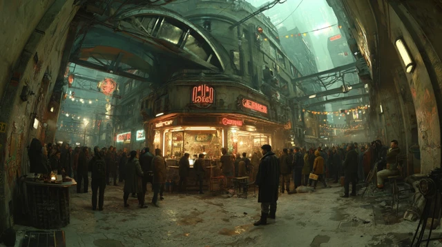 Blade Runner Style Tattoo Shop in Crowded Street
