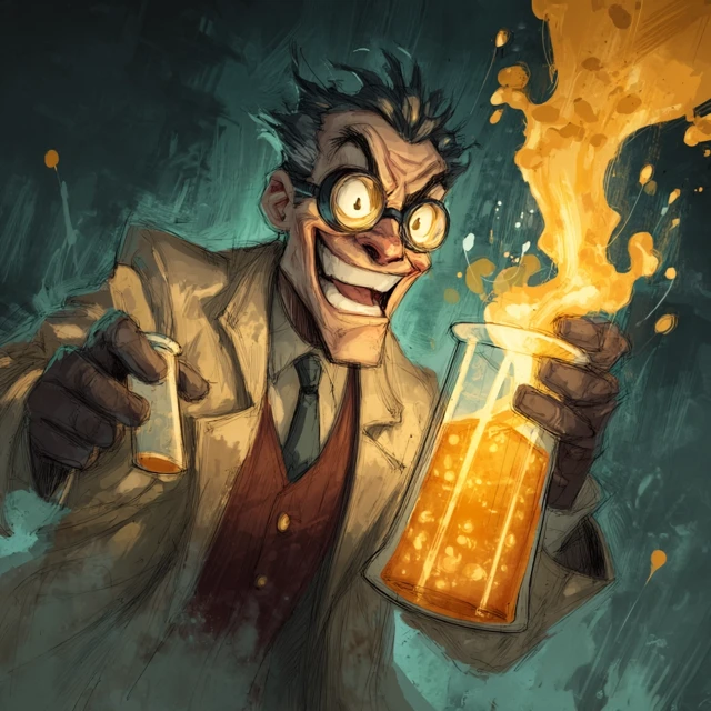 Mad Scientist with Golden Liquid Dark Fantasy Art