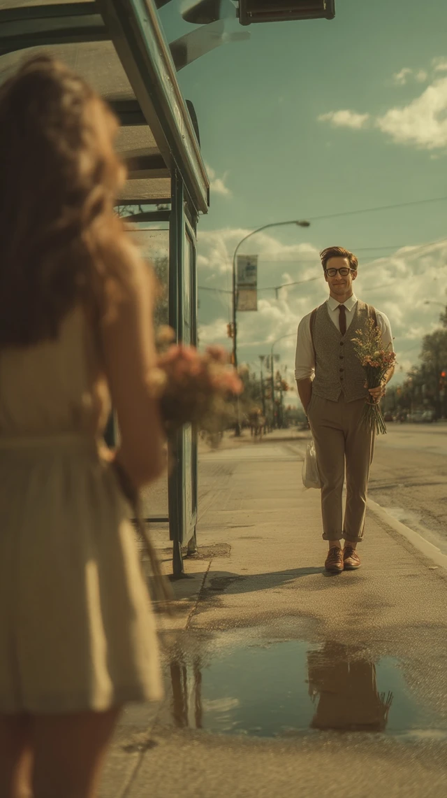 Romantic City Scene Man with Flowers at Bus Stop