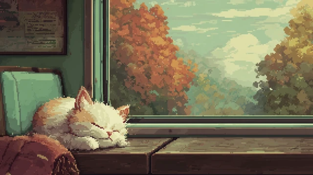 Sleeping Cat Pixel Art Train Autumn Colors