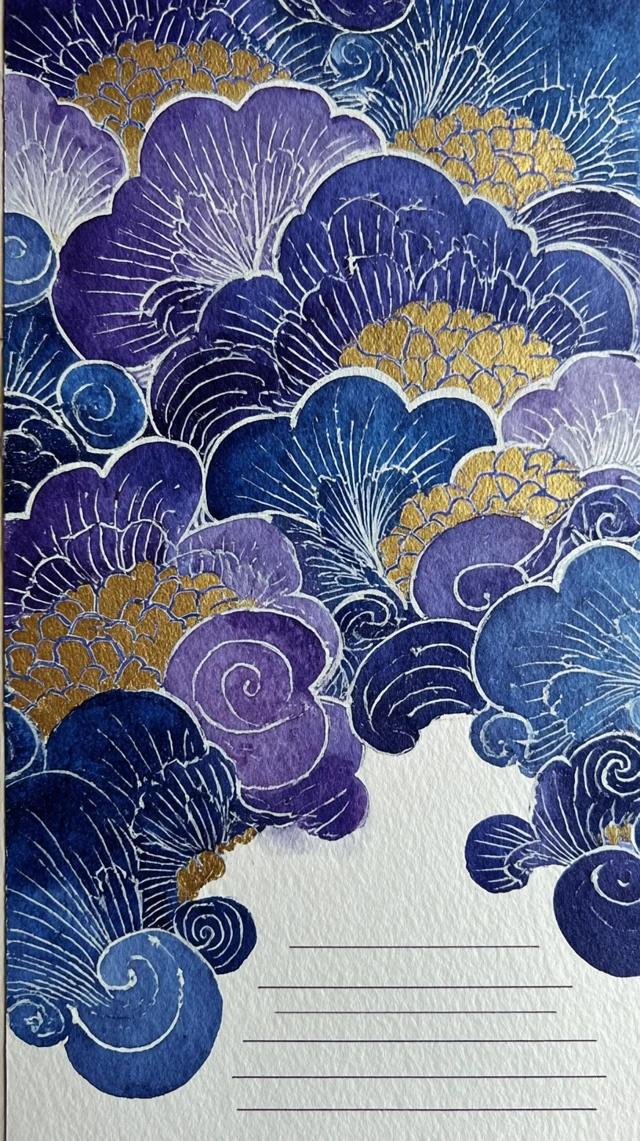 Watercolor Japanese Floral Pattern Gold Blue Purple