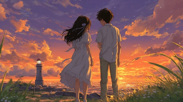 Coastal Sunset Anime Romance Scene