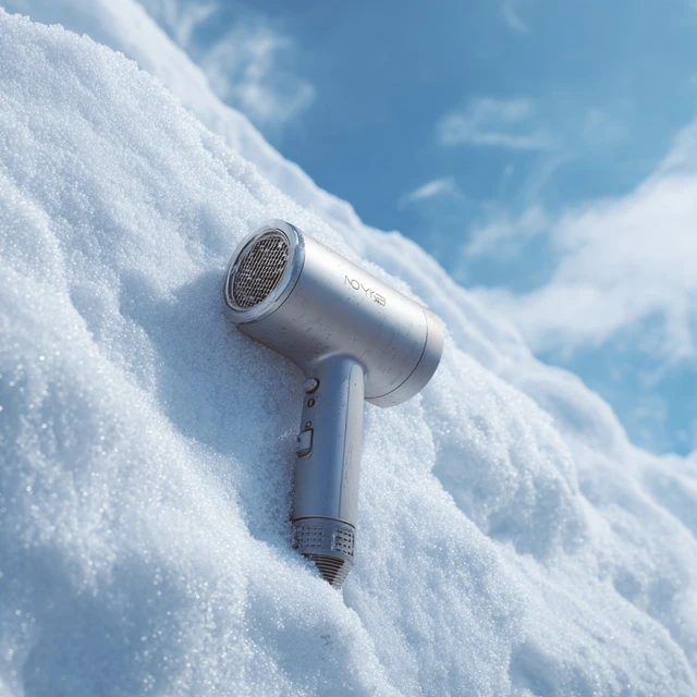 Silver Hair Dryer on Snow Ultra Realistic Detail