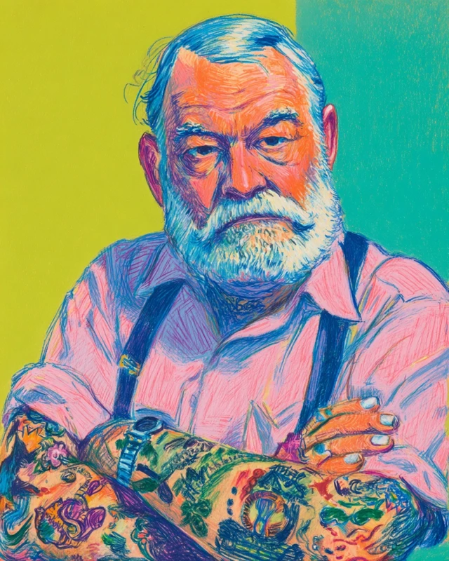 Ernest Hemingway Tattoo Portrait by Wayne Thiebaud
