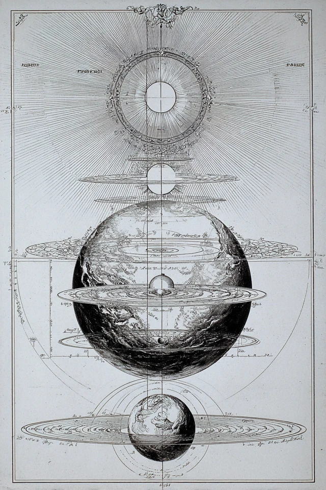 Vintage Scientific Sketch: Earth, Sun, and Mars