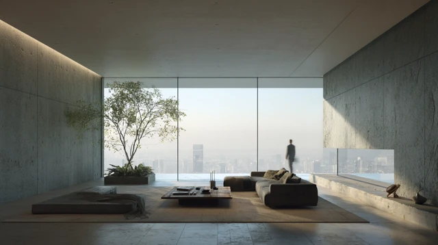 Luxury Minimalist Living Room by Tadao Ando 3D Render