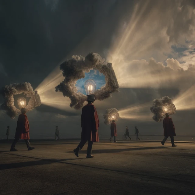 Surreal Road: People with Light Beams in a Stormy Sky
