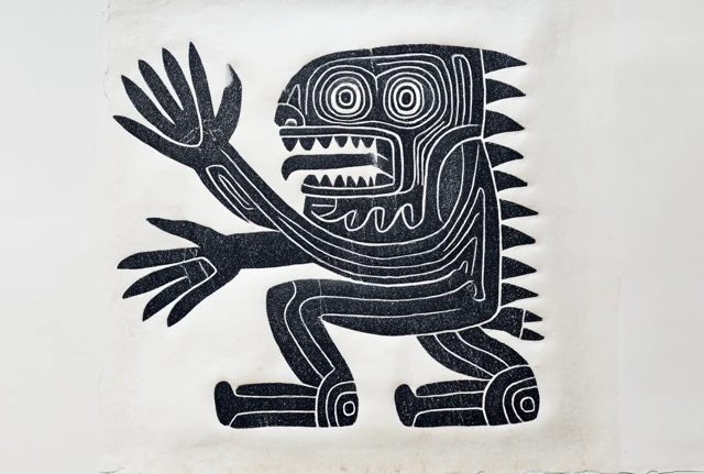 Ancient Central American Sculpture Ink Drawing
