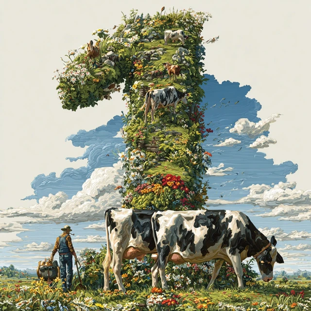 Number One in a Field with Cows and Farmer