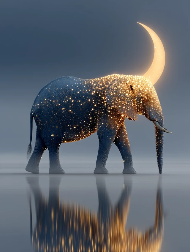Surreal Elephant Dreamscape: Golden Stars and Masterpiece