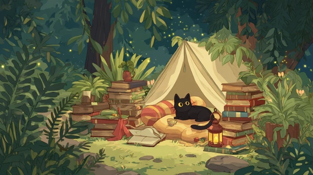 Cozy Cat in Enchanted Forest - Whimsical Cartoon