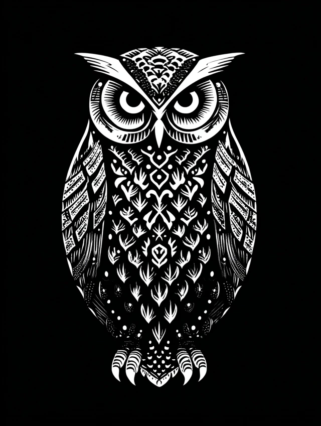 Symmetrical Owl Linocut Black and White Vector Art