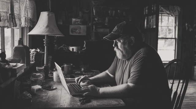 Man in Farmhouse Typing Email