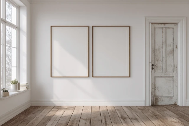 Scandinavian Rustic Room Design with Portrait Frames