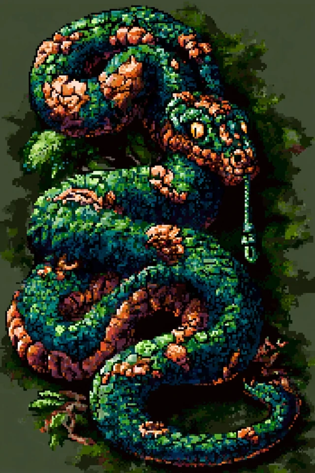 Pixel Art Snake Dynamic Pose Green Colors
