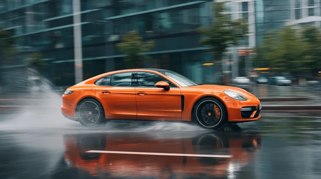 Orange Porsche Panamera Speeding in the Rain