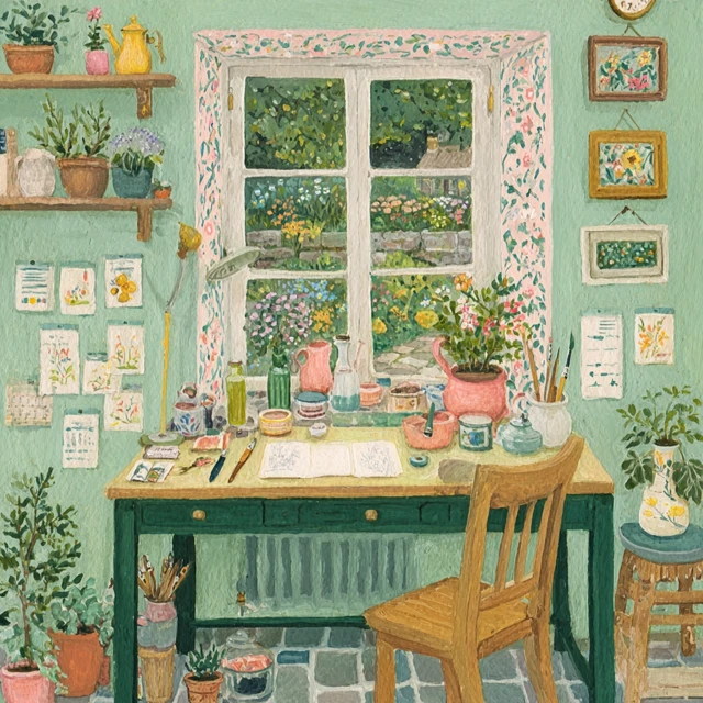 Artists Studio Watercolor Illustration Garden View