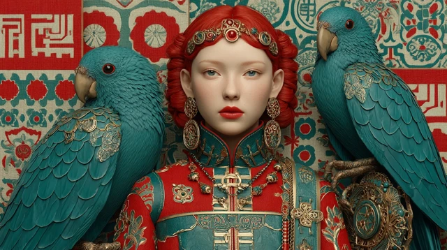 Red-haired Girl and Birds in Ancient China, McQueen Style