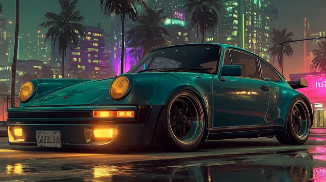 Retro Futuristic Car on Neon Lit Road